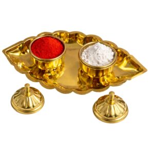 Pure Brass Haldi Kumkum Box with Plate | Double Sindoor Kumkum Holder for Pooja