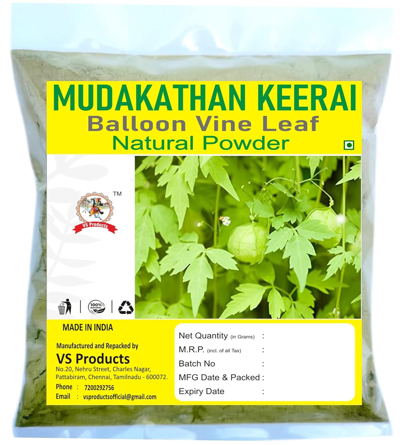 Mudakathan Keerai Powder,100g, Balloon Vine Leaf, Kanphata, Budda Kakara, Agniballi, Jyotishmati Leaf Powder