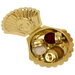 Traditional Brass Double Kumkum Holder with Tray | Handcrafted Brass Sindoor Box | 3 Bowl Peacock Shell