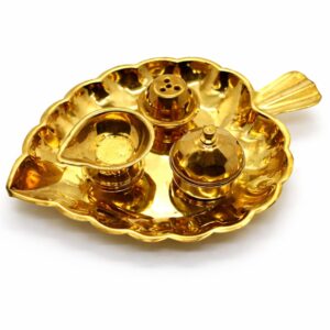 Brass Pooja Plate with Oil Lamp, Kumkum Holder and Incense Stand for Worship
