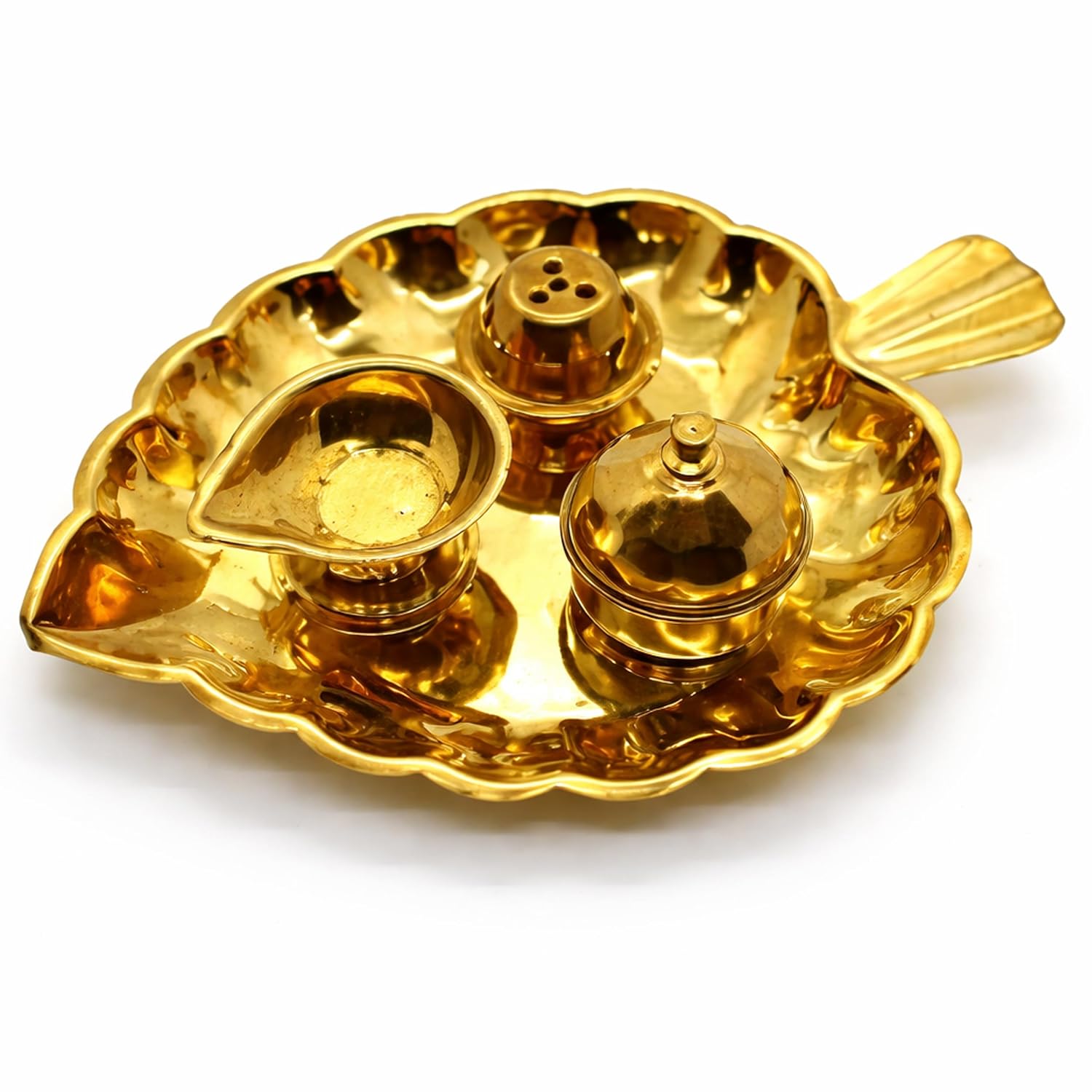 Brass Pooja Plate with Oil Lamp, Kumkum Holder and Incense Stand for Worship