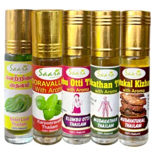 5-in-1 Combo ? Mudavattukal Kilangu Oil, Mudakathan Thailam, Karpooravalli Thailam, Betel Leaf Oil, and Elumbotti Thailam (5 x 8ml)