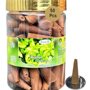 Tulsi Dhoop Cone, 50 Cones, Incense Cones, Special Pooja Dhoop Cones with Dhoop Stand Inside