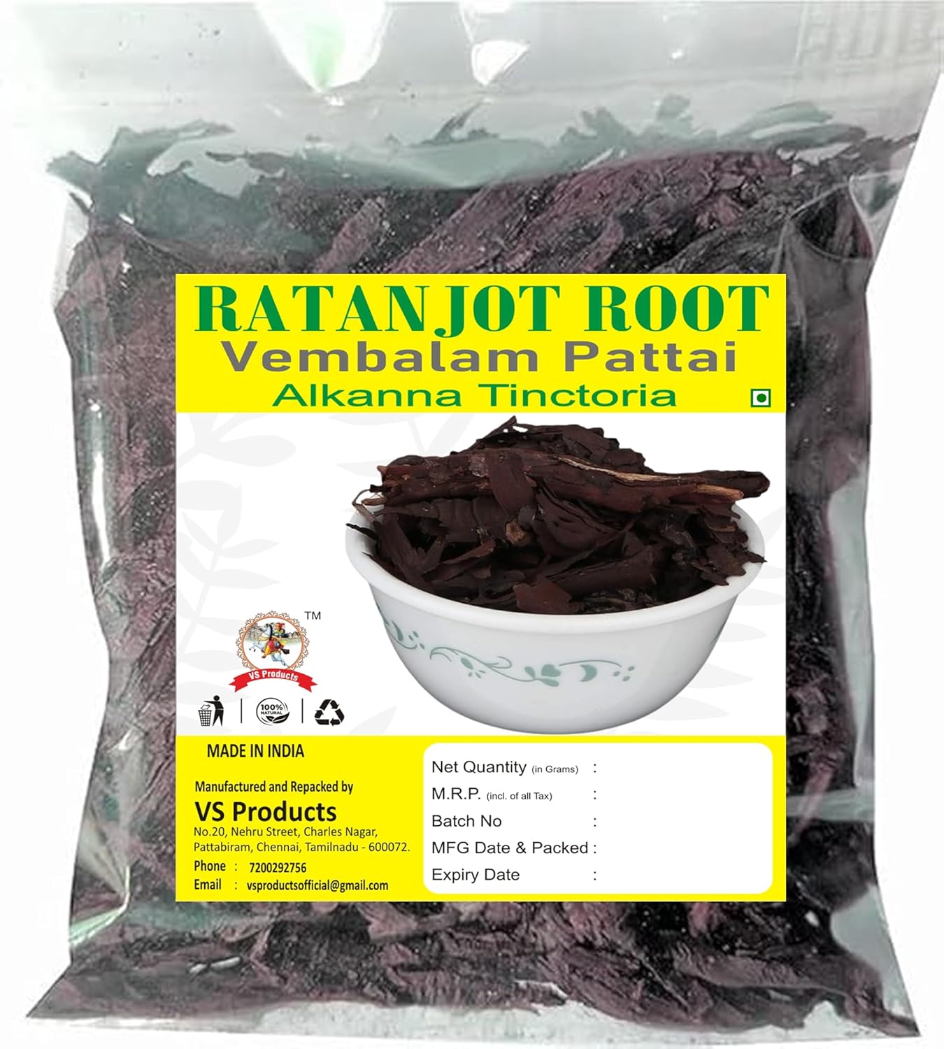 Ratanjot Root, 100g, Vembalam Pattai, Laljadi, Alkanet Root, Alkana Tinctoria, Help Reduce Inflammation