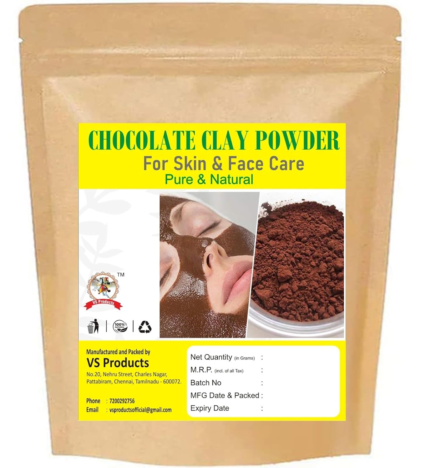 Chocolate Clay Powder, 100g, For Skin And Hair Care, Face Mask, Hair Pack, Scrub - Deep Cleansing And Tan Removal