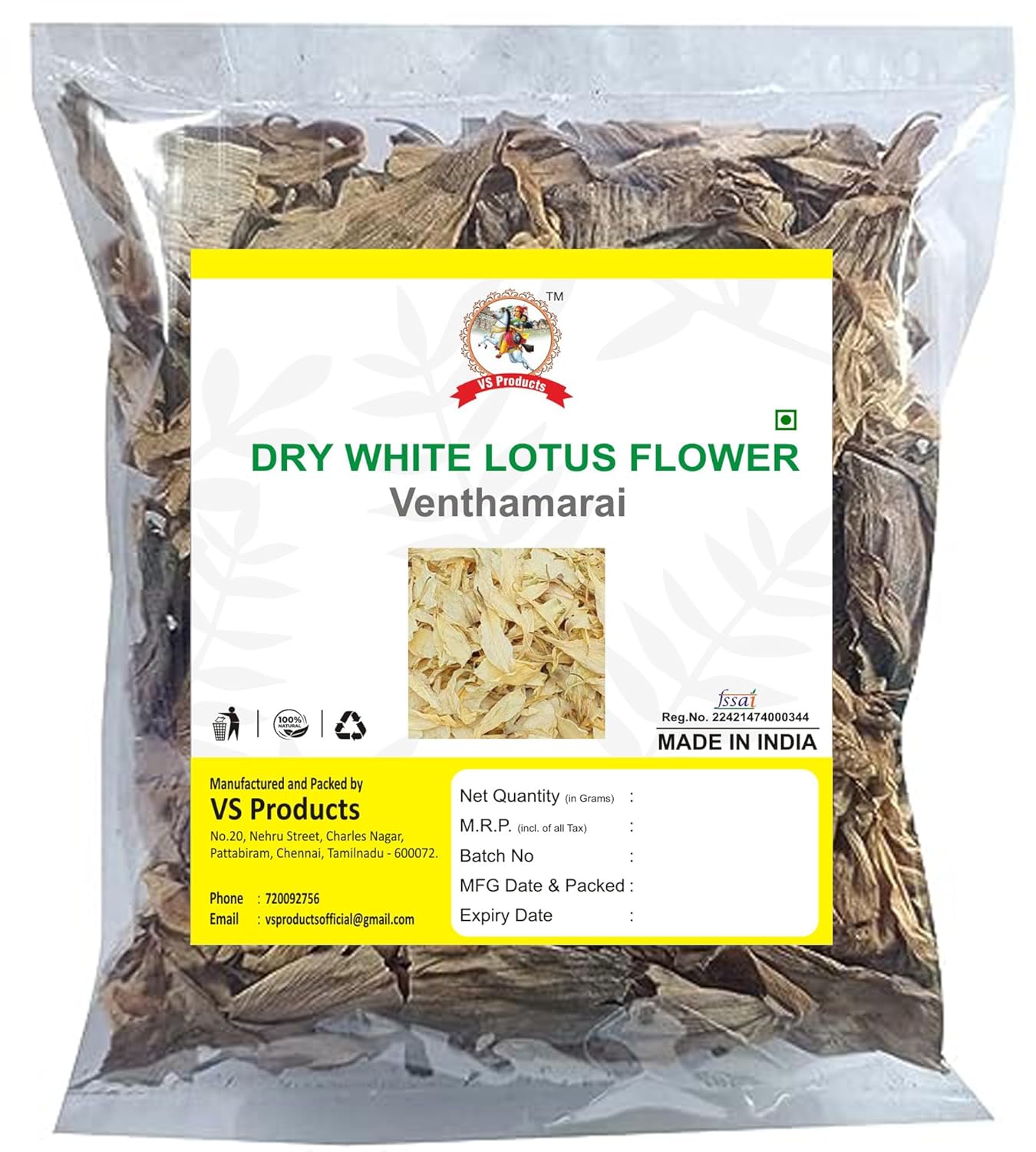 Dry White Lotus Flower, 100g, Nelumbo Nucifera, Venthamarai, Dry Kamal Phool